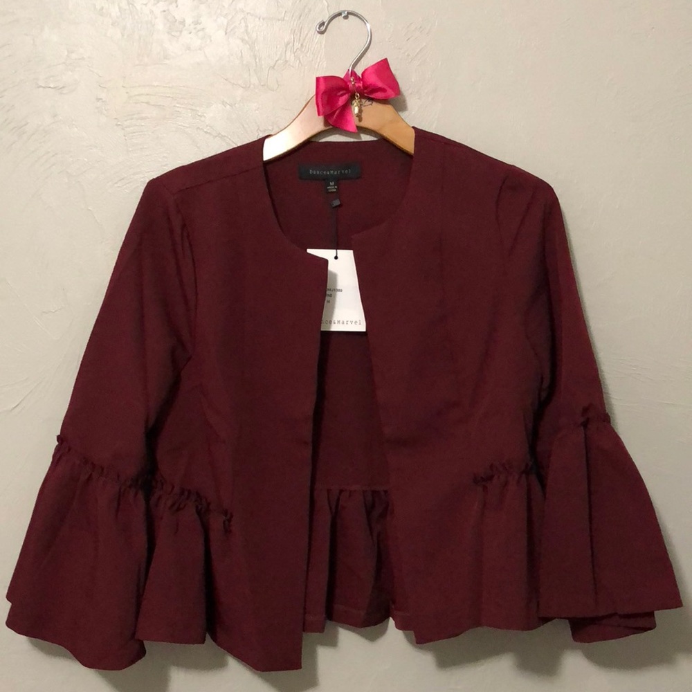 Wine Red Cropped Flounce Sleeve Jacket